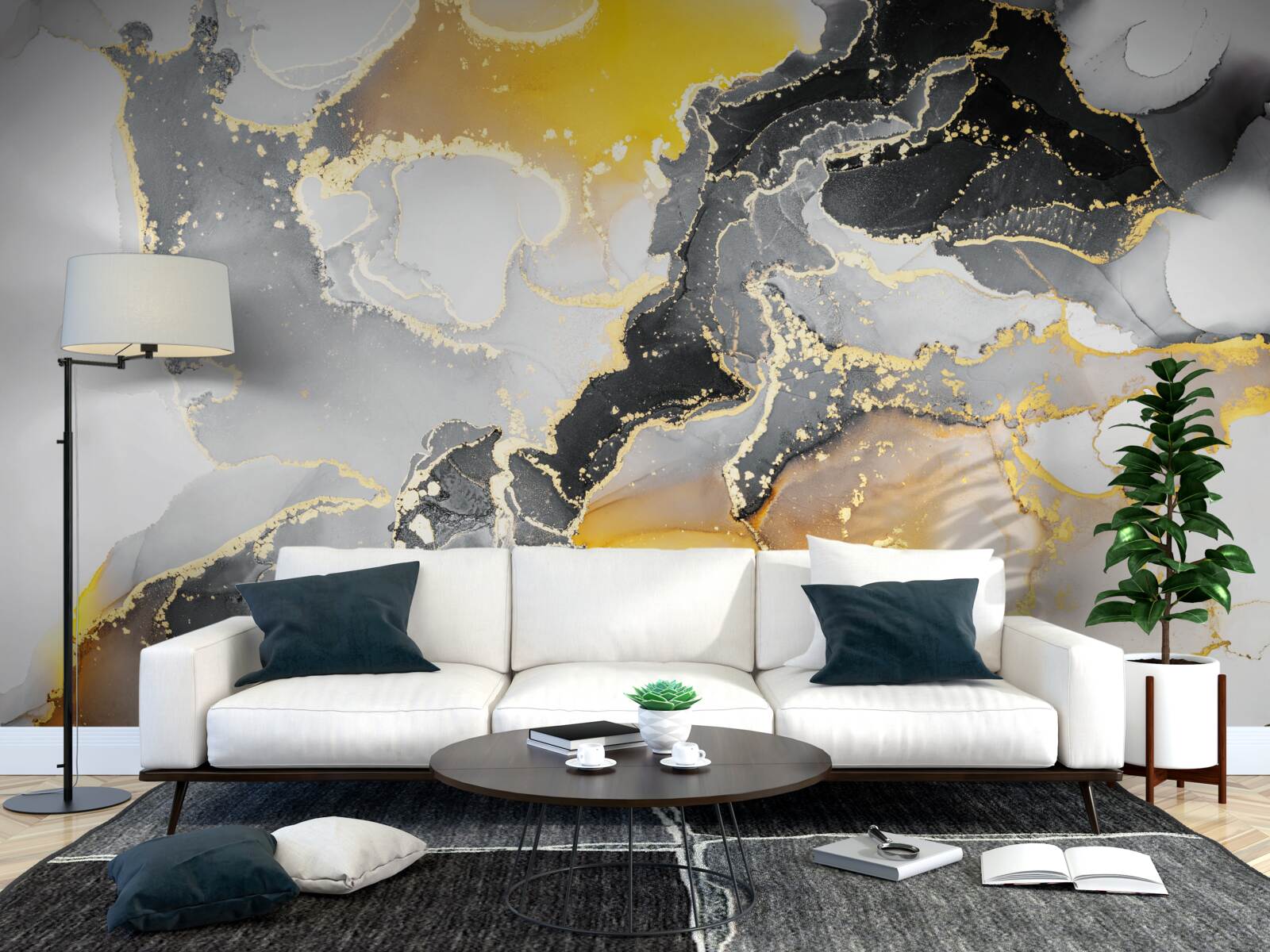 Fotobehang donker en goudpatroon op grijs marmer
