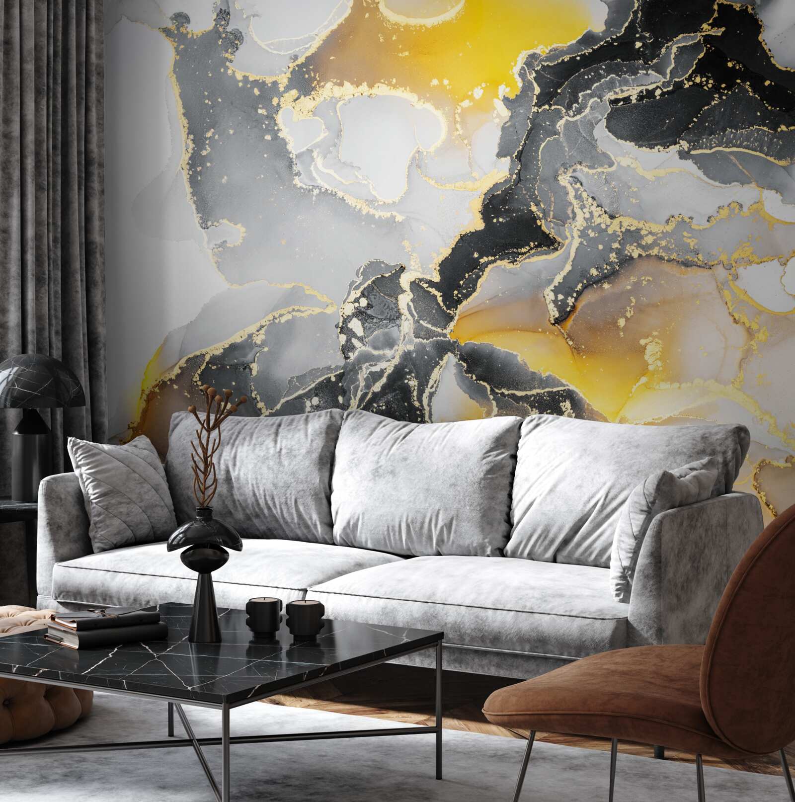Fotobehang donker en goudpatroon op grijs marmer
