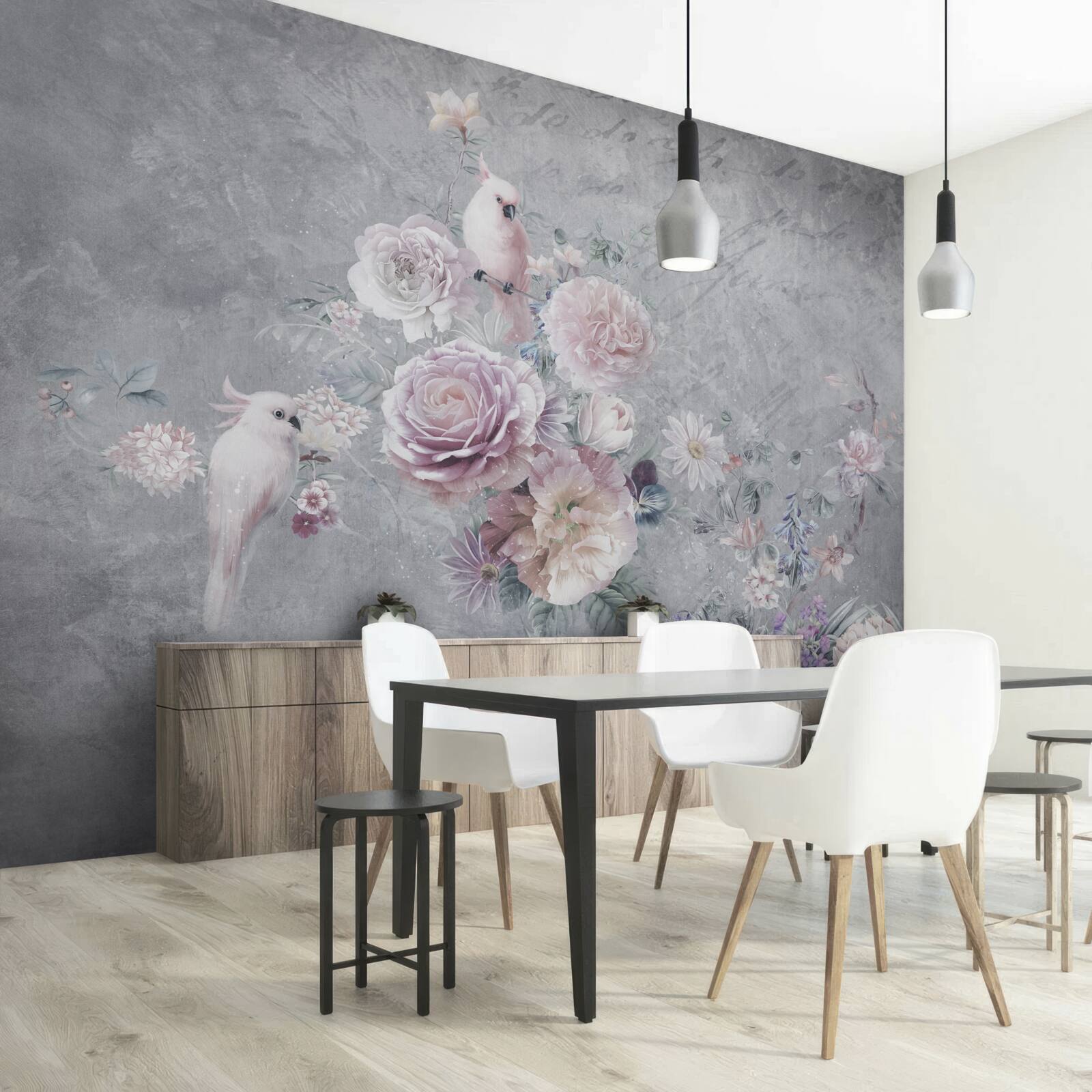 Fotobehang boeket aangevuld met papegaaiencomposities