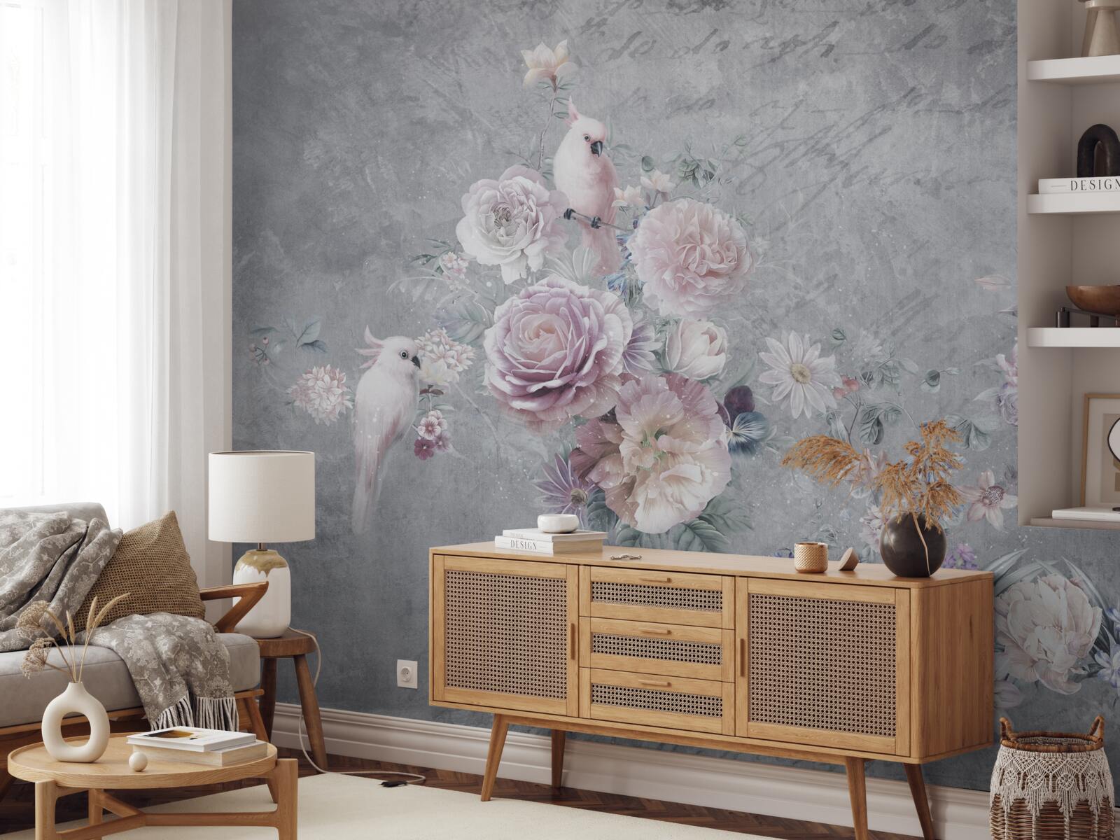 Fotobehang boeket aangevuld met papegaaiencomposities