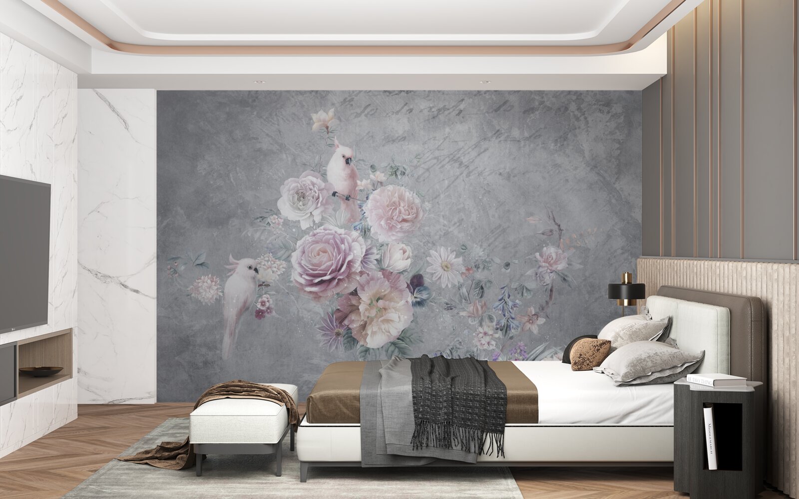 Fotobehang boeket aangevuld met papegaaiencomposities