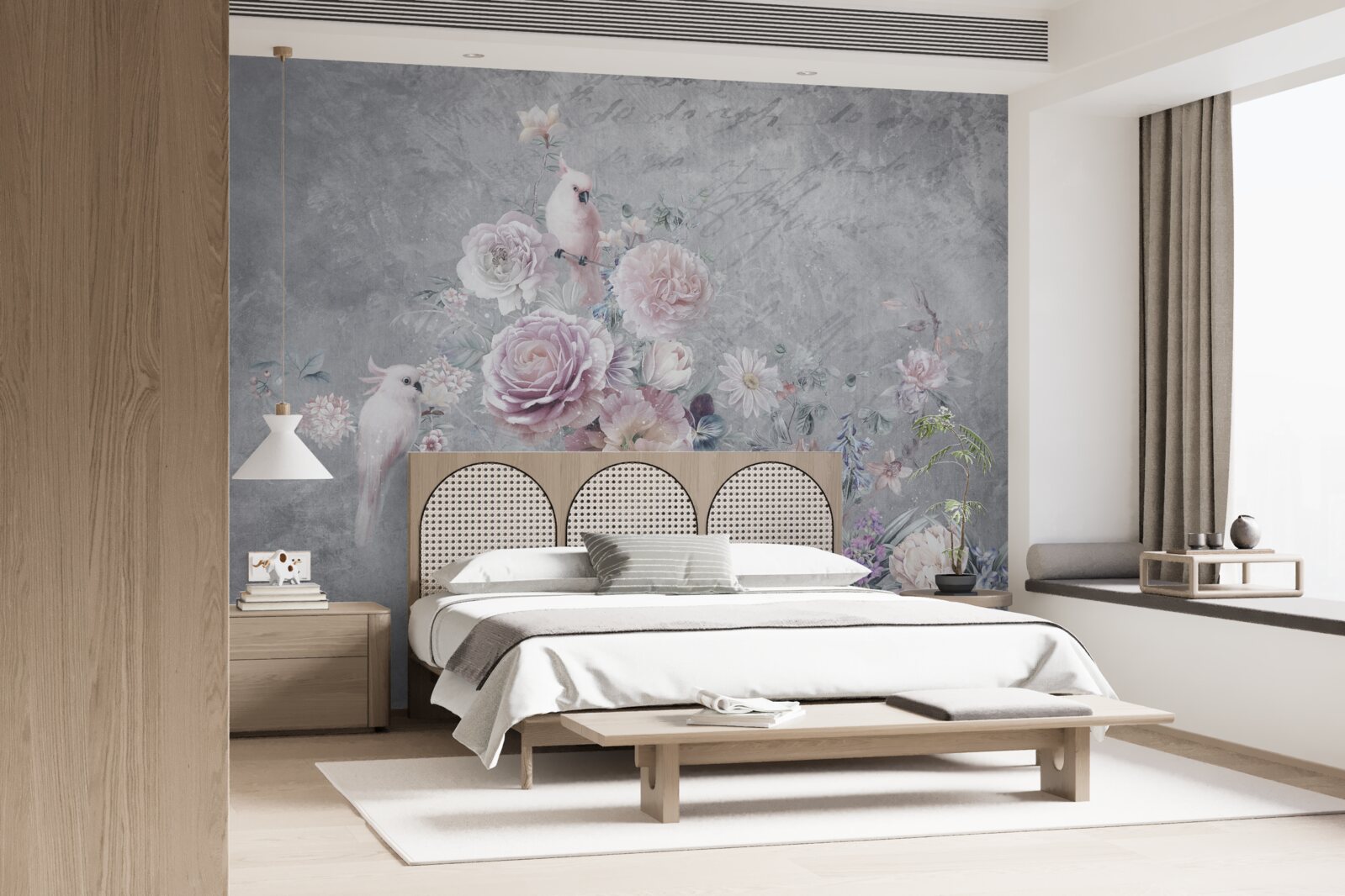 Fotobehang boeket aangevuld met papegaaiencomposities