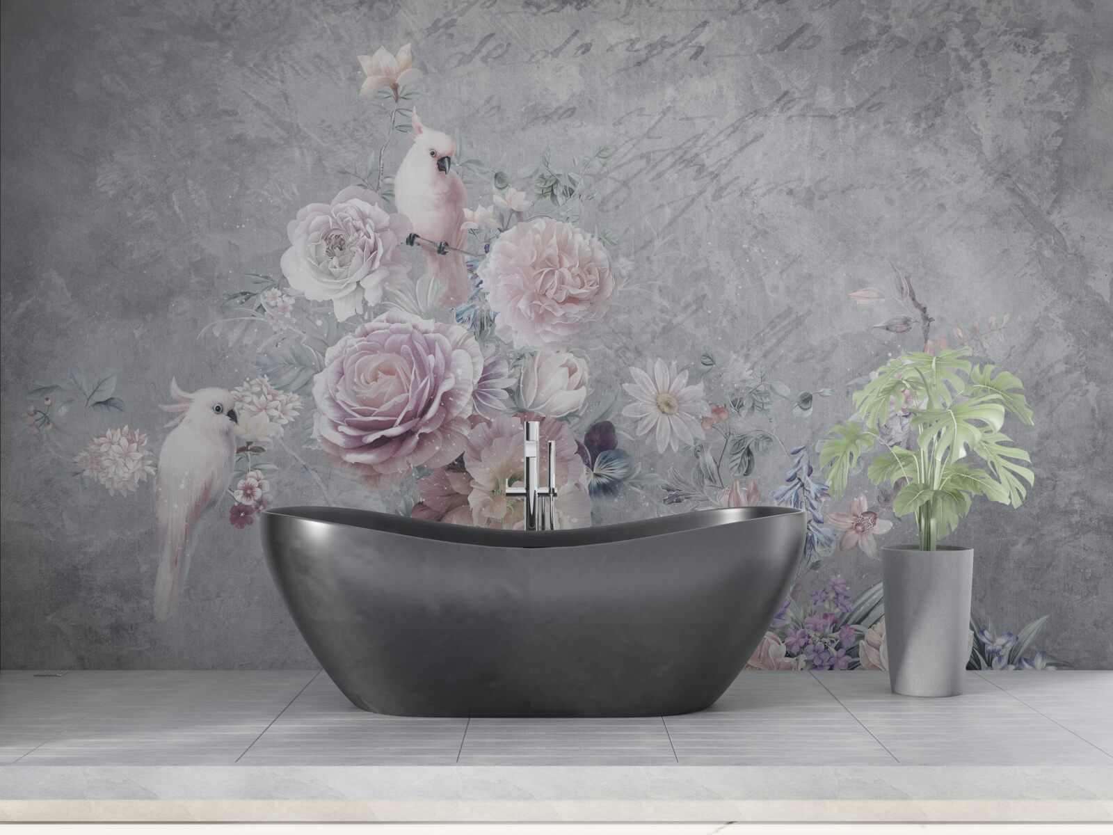 Fotobehang boeket aangevuld met papegaaiencomposities