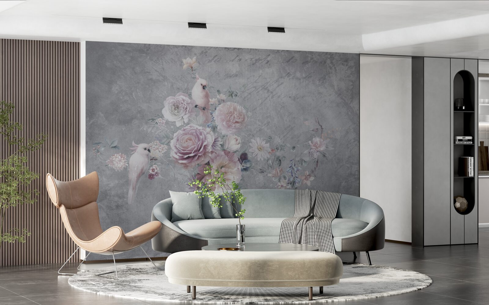 Fotobehang boeket aangevuld met papegaaiencomposities