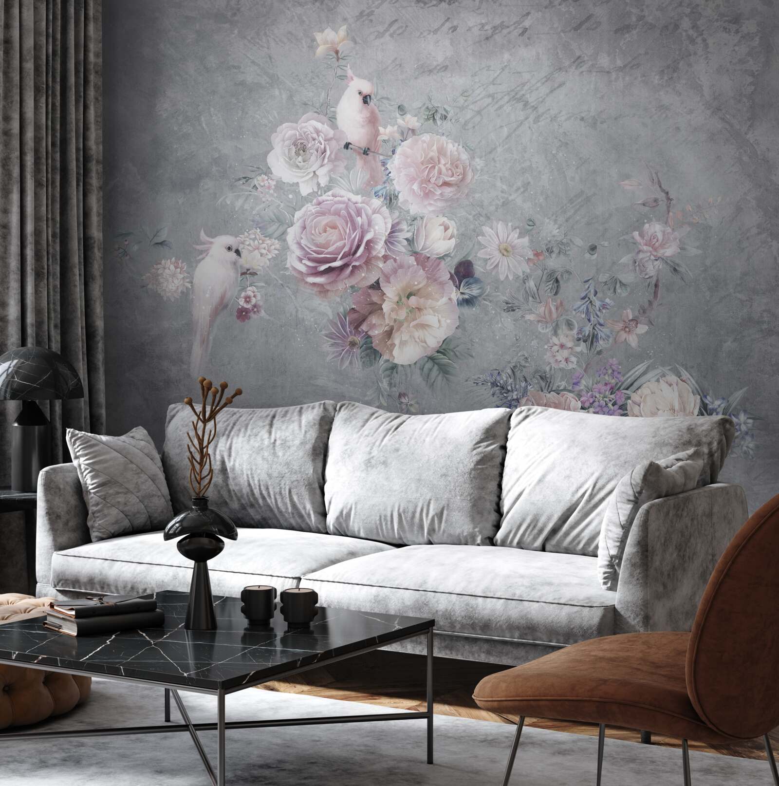 Fotobehang boeket aangevuld met papegaaiencomposities