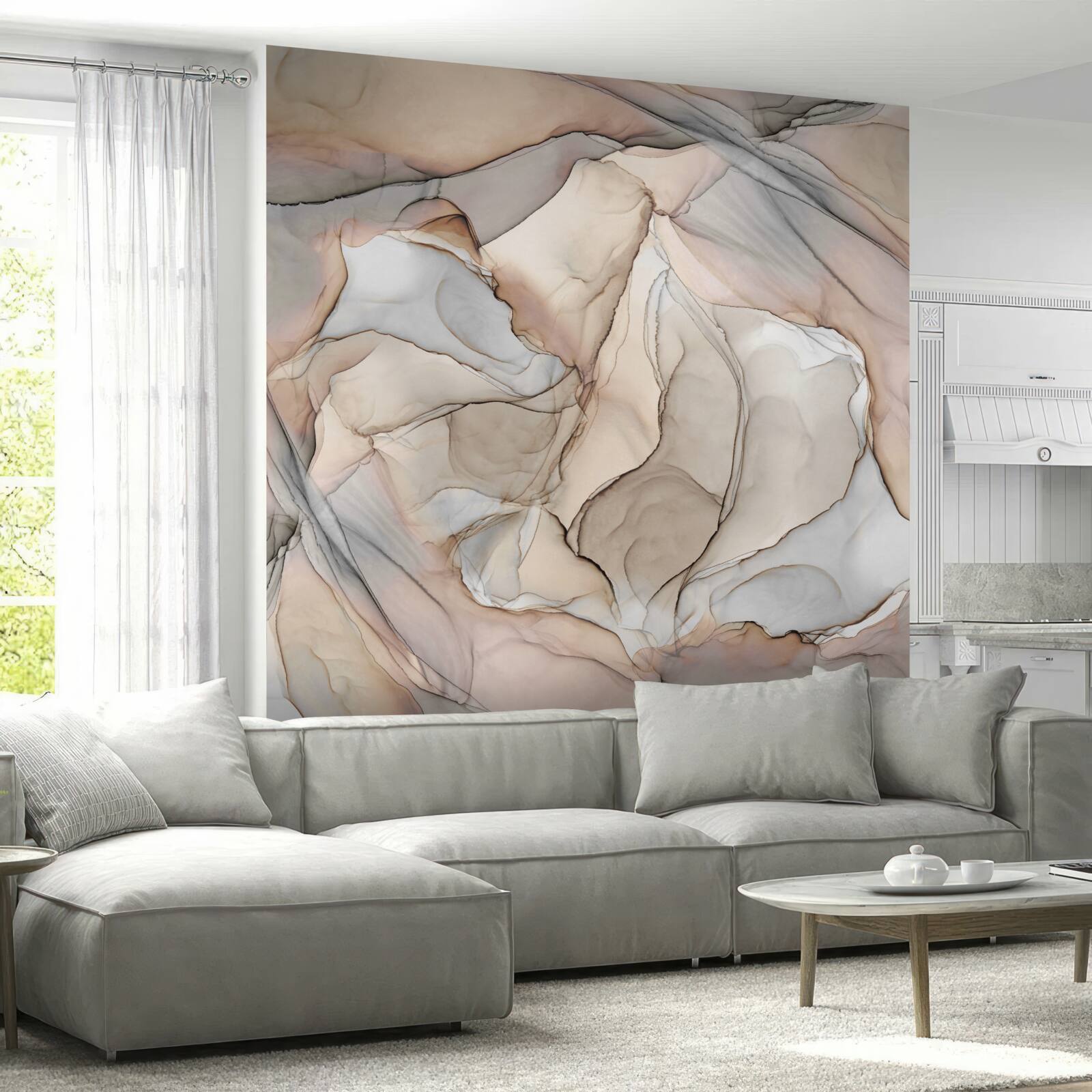 Fotobehang roze en blauwe patronen op crèmekleurig marmer