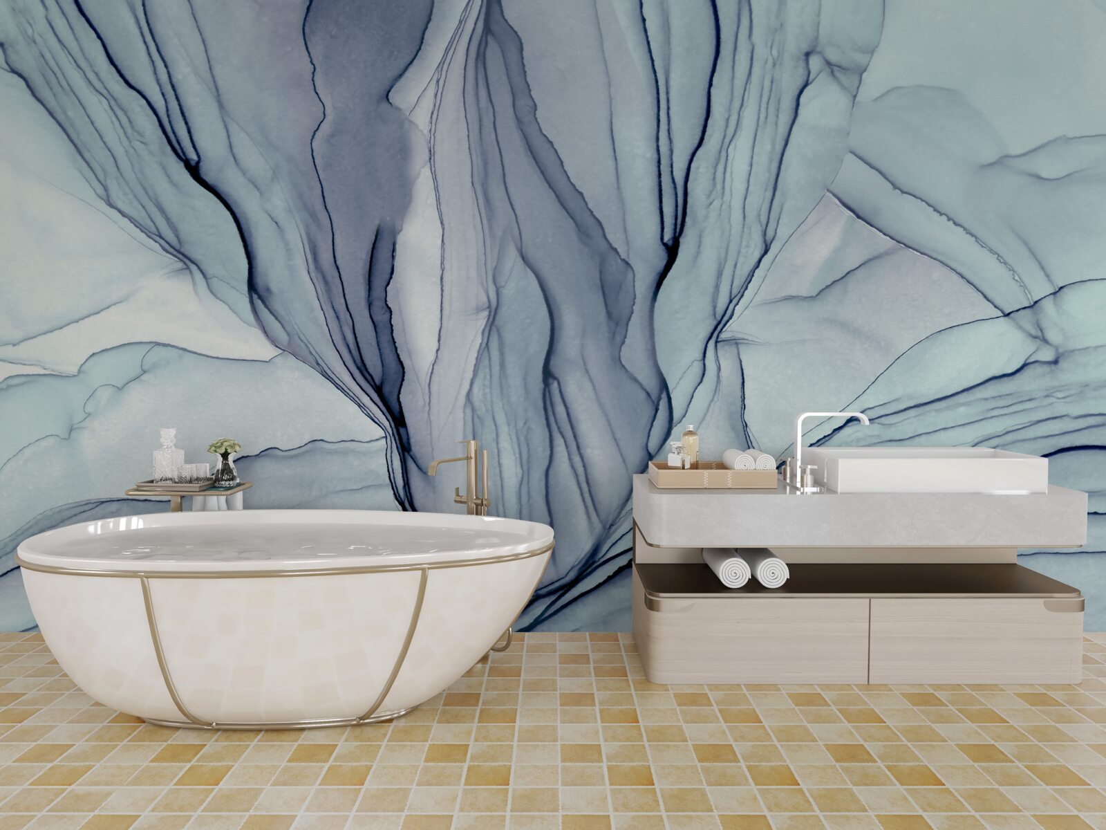 Fotobehang blauwe patronen op marmer