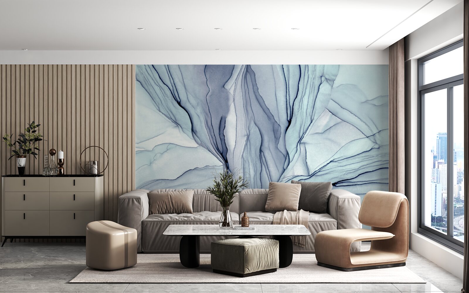 Fotobehang blauwe patronen op marmer