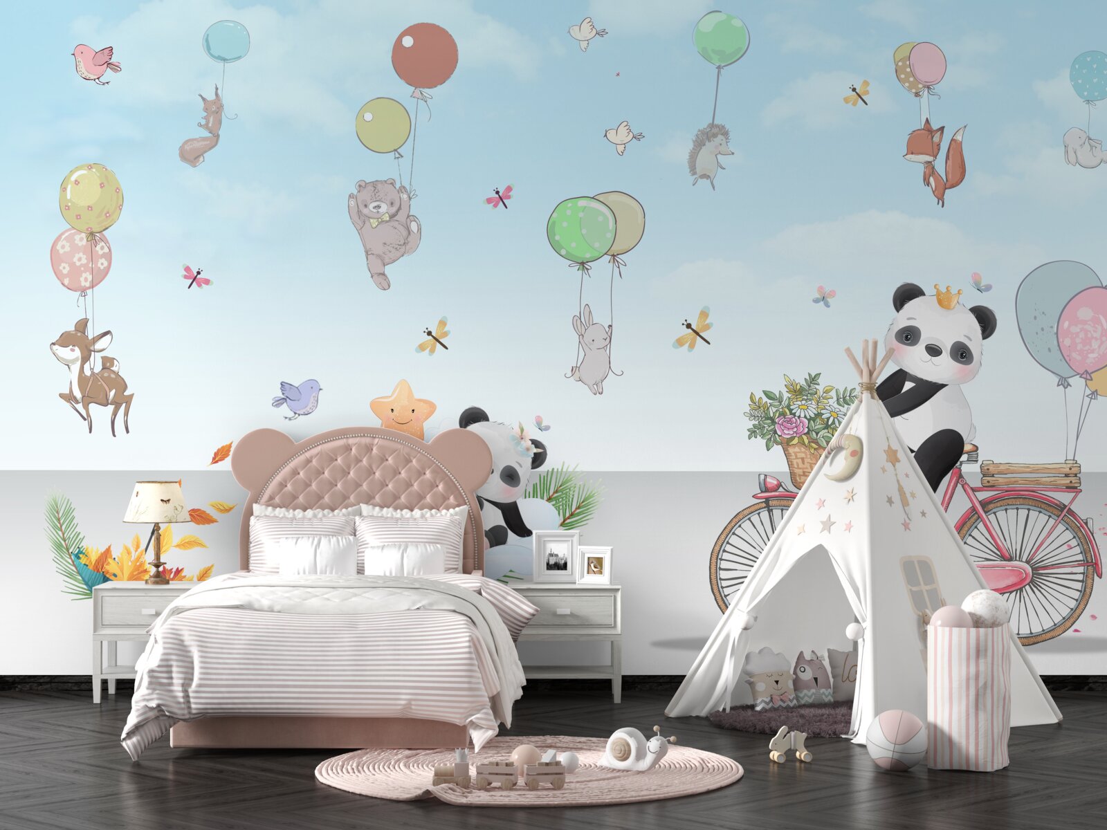 Fotobehang ballonnen met panda's en andere dieren