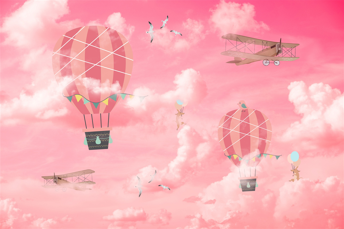 Fotobehang luchtbollen tegen een roze hemel bij zonsondergang