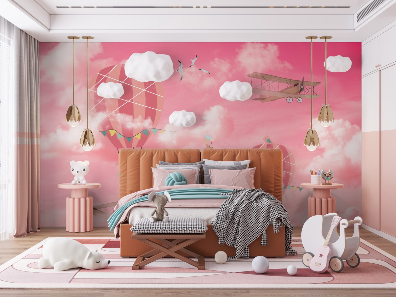 Fotobehang luchtbollen tegen een roze hemel bij zonsondergang