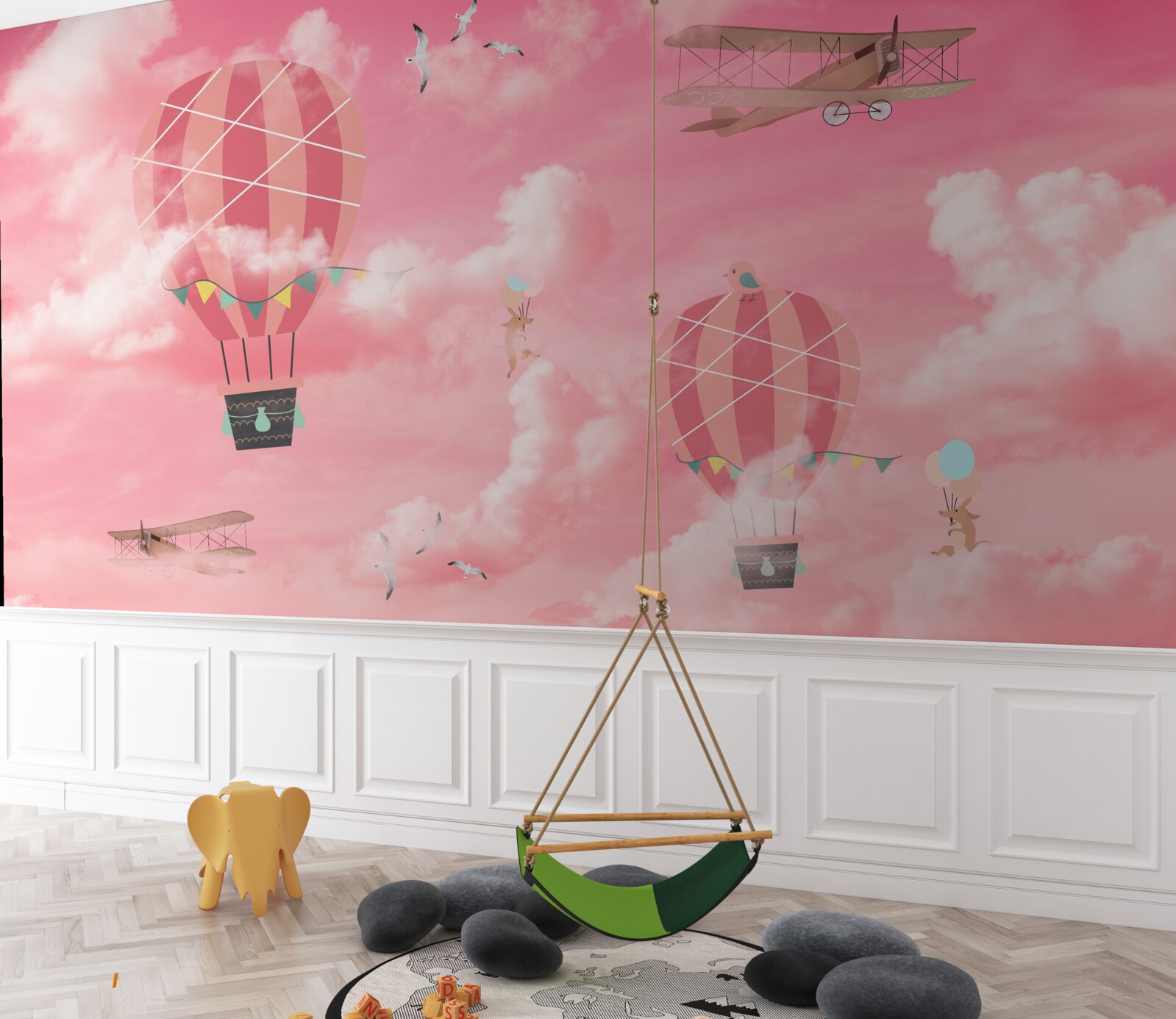 Fotobehang luchtbollen tegen een roze hemel bij zonsondergang