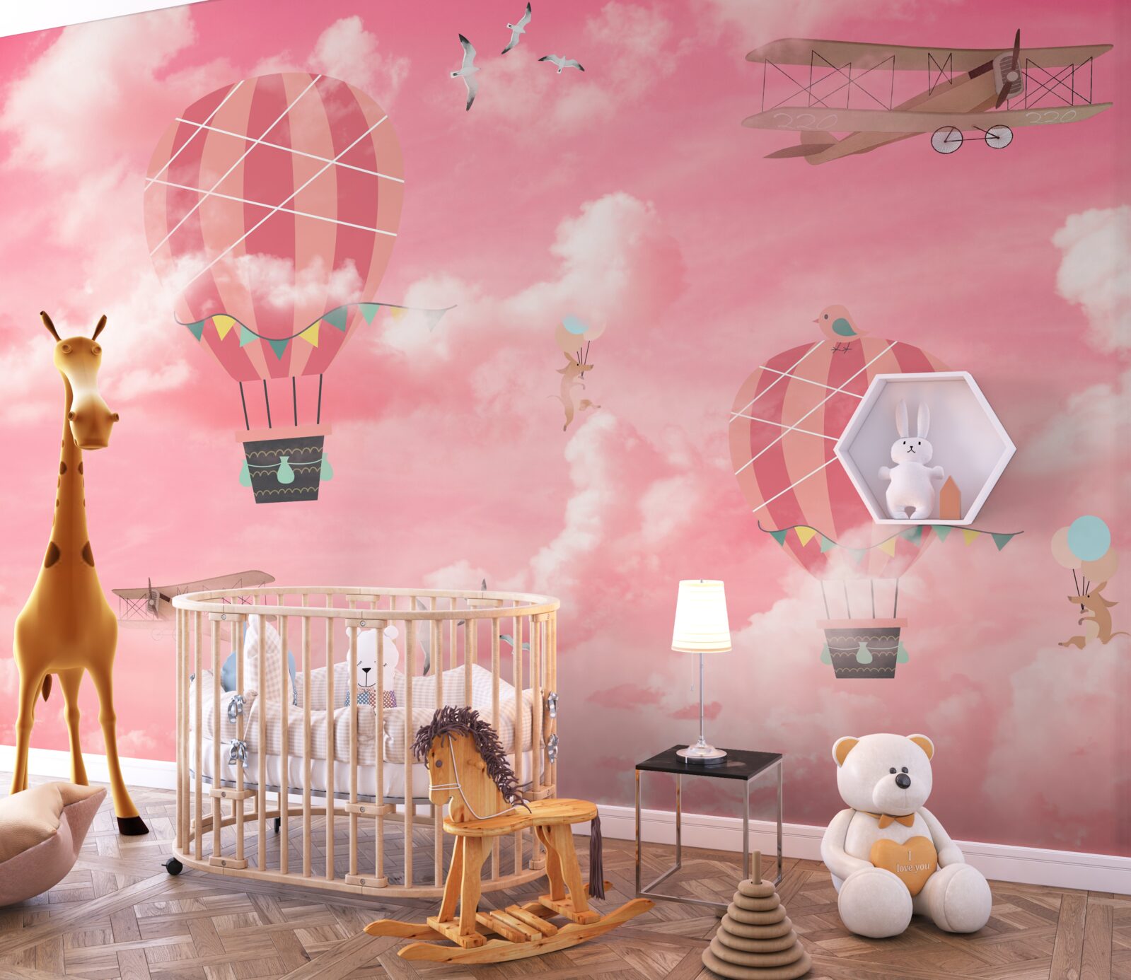 Fotobehang luchtbollen tegen een roze hemel bij zonsondergang