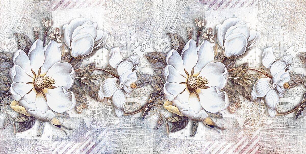 Fotobehang compositie van bloeiende sneeuwwitte knoppen