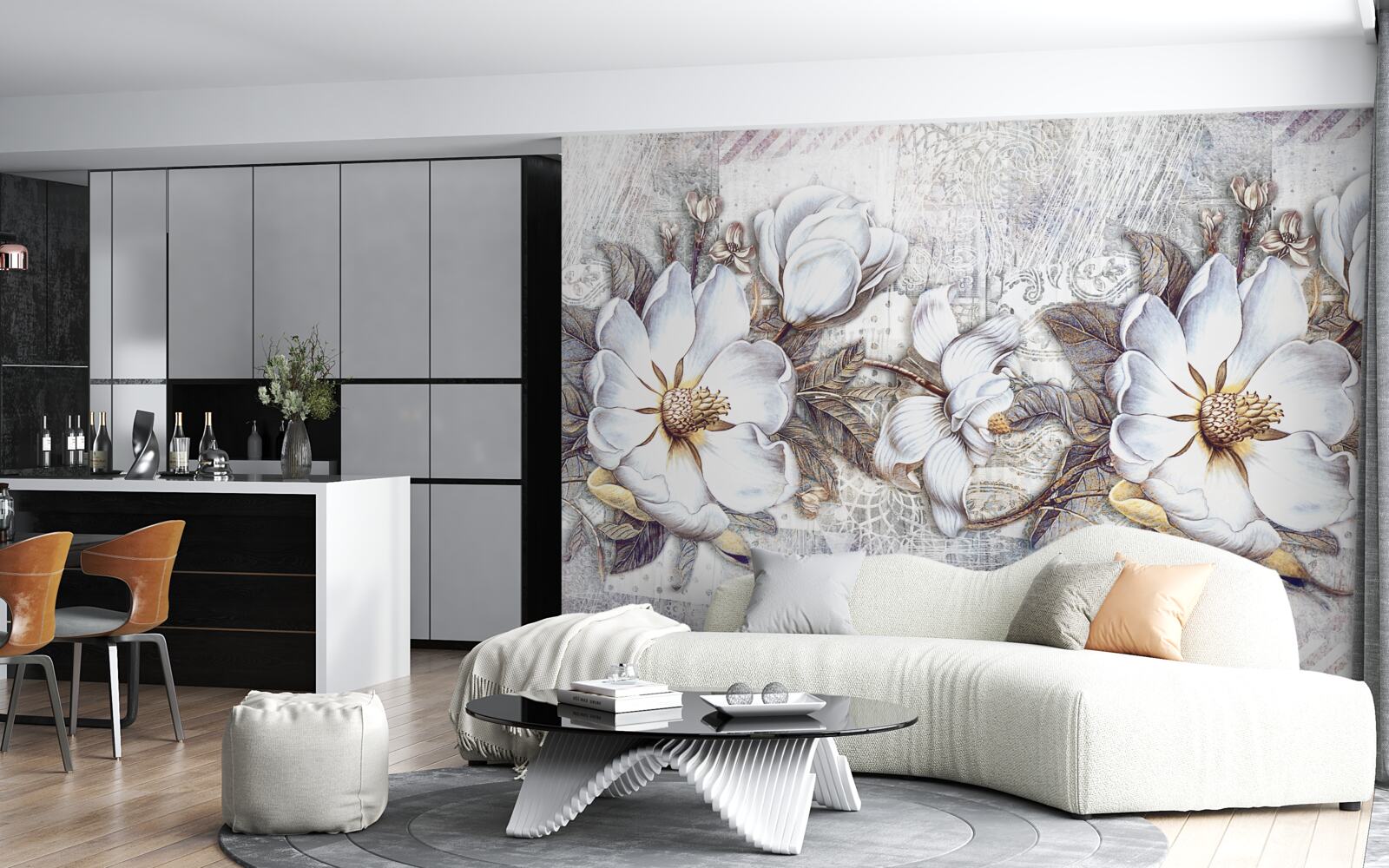 Fotobehang compositie van bloeiende sneeuwwitte knoppen