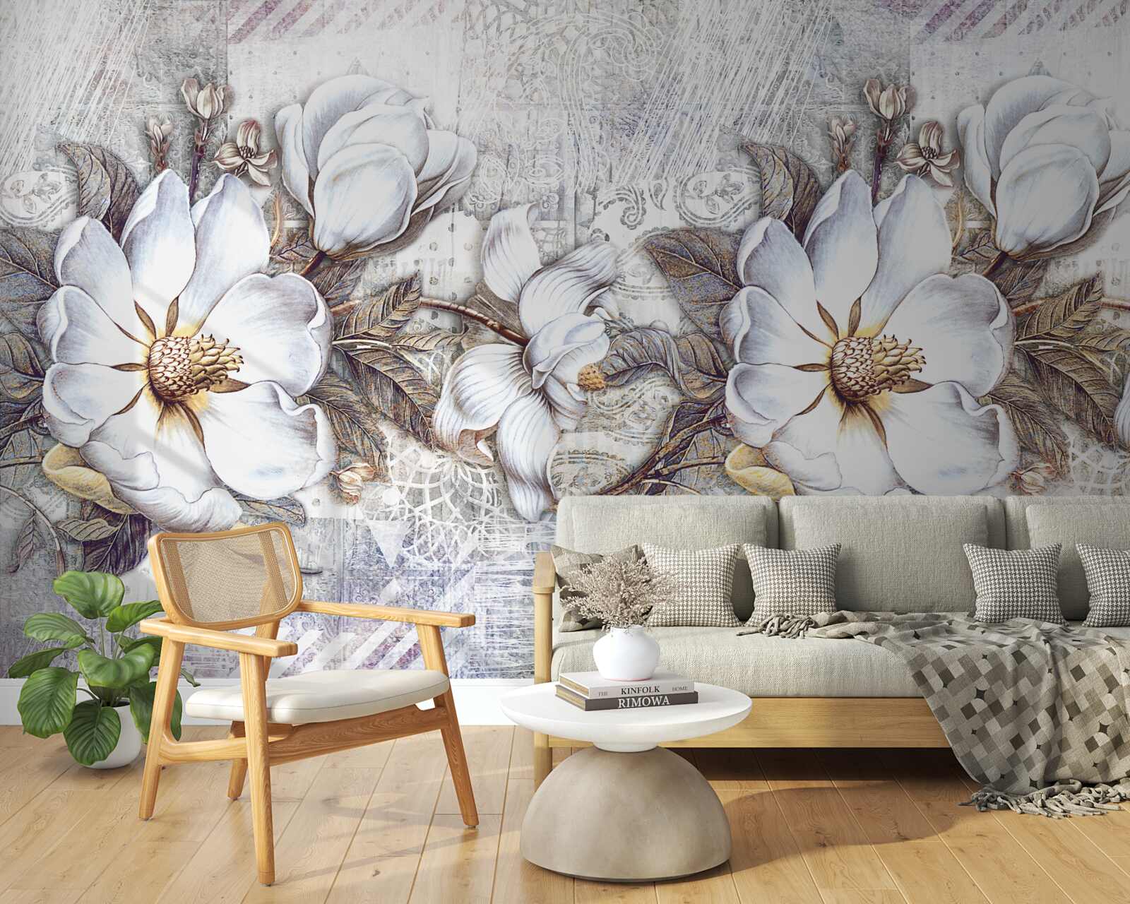 Fotobehang compositie van bloeiende sneeuwwitte knoppen