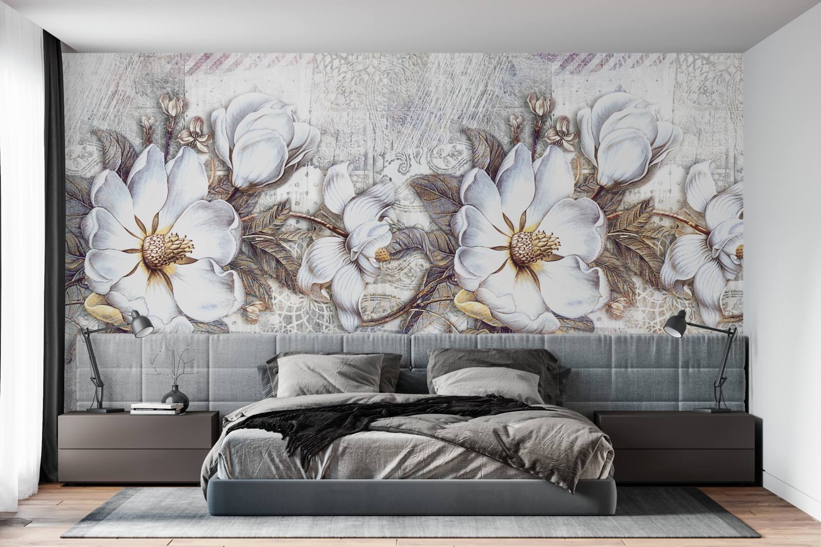 Fotobehang compositie van bloeiende sneeuwwitte knoppen