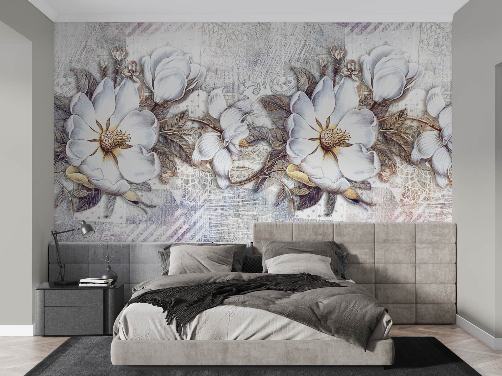 Fotobehang compositie van bloeiende sneeuwwitte knoppen