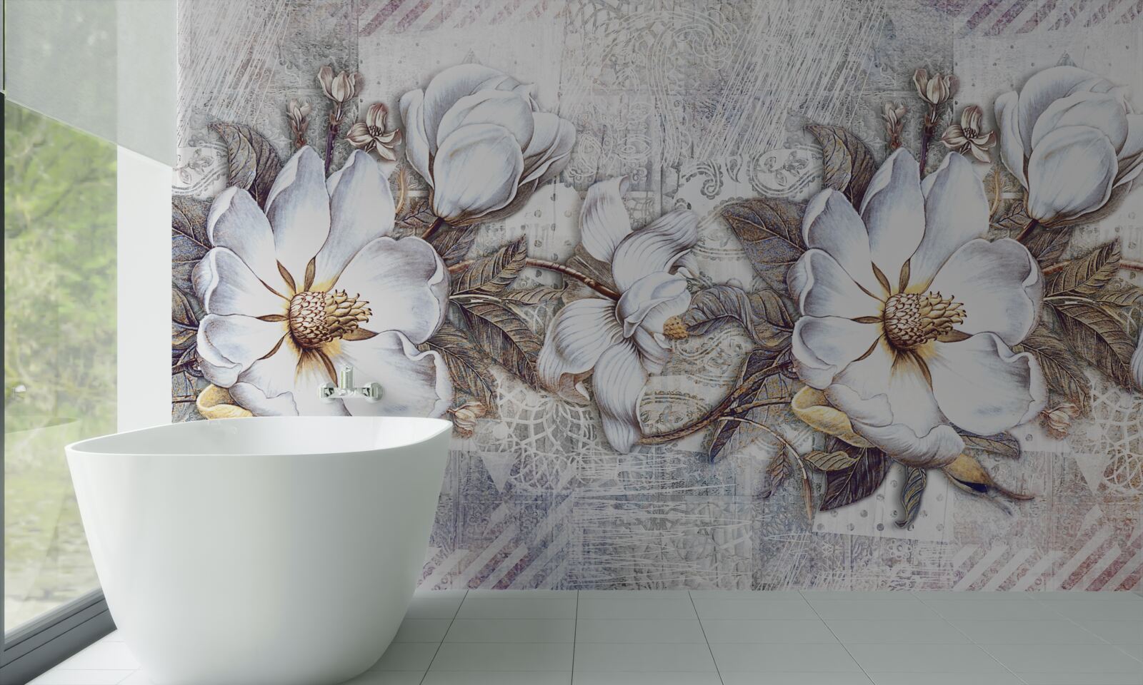 Fotobehang compositie van bloeiende sneeuwwitte knoppen