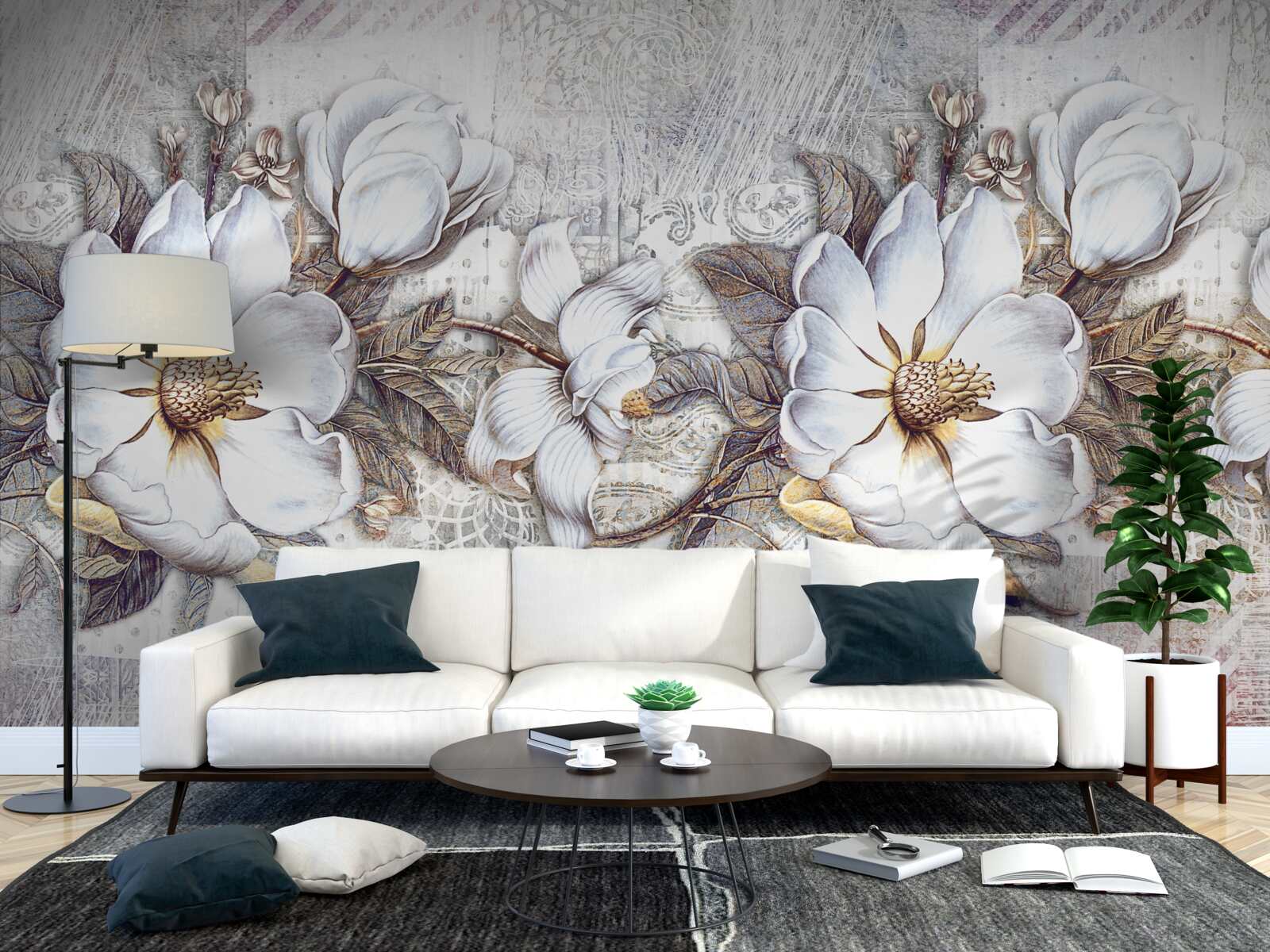 Fotobehang compositie van bloeiende sneeuwwitte knoppen