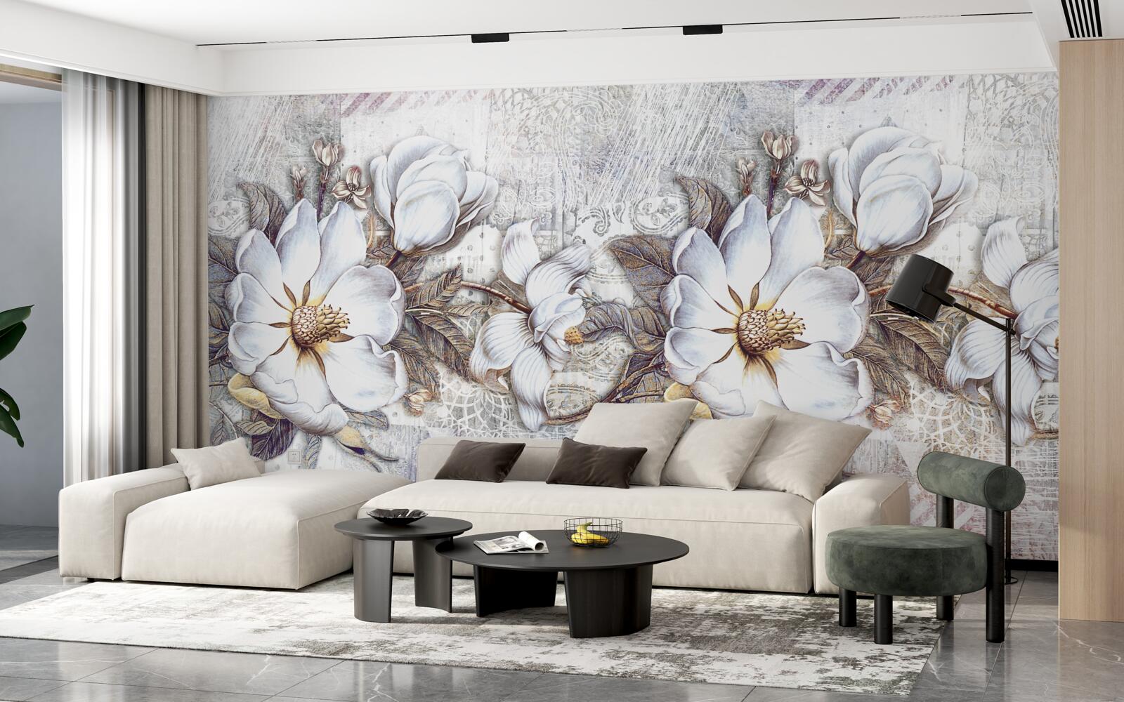 Fotobehang compositie van bloeiende sneeuwwitte knoppen