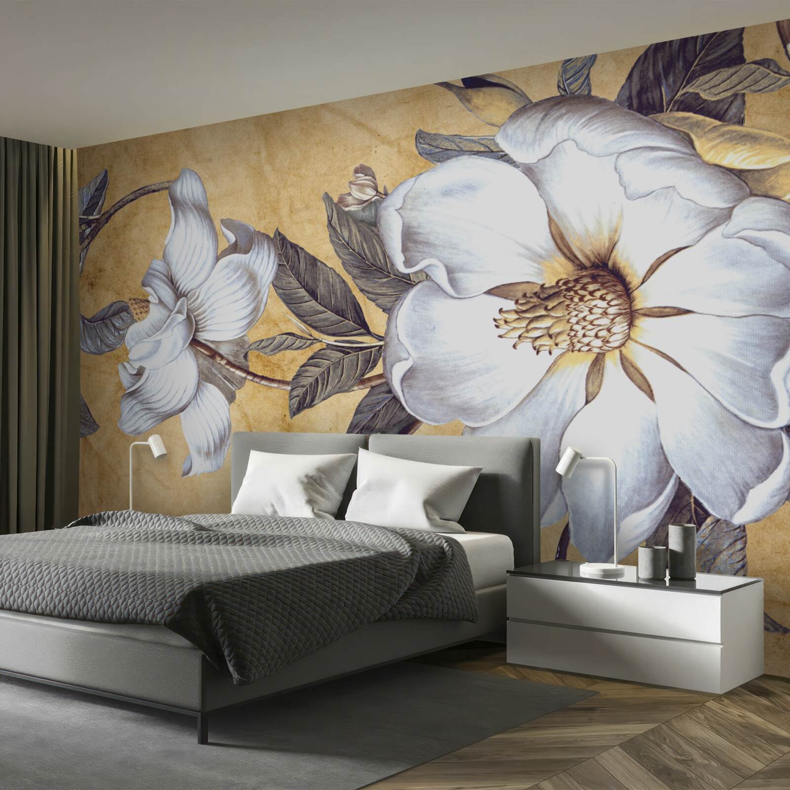 Fotobehang bloeiende witte knoppen aan takken