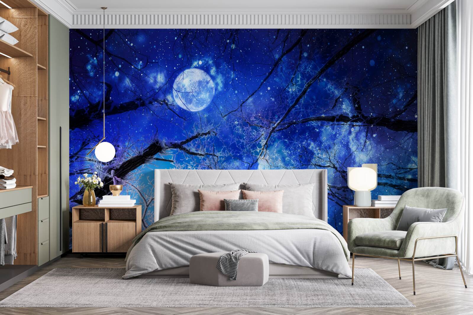 Fotobehang heldere nachtelijke hemel en maan