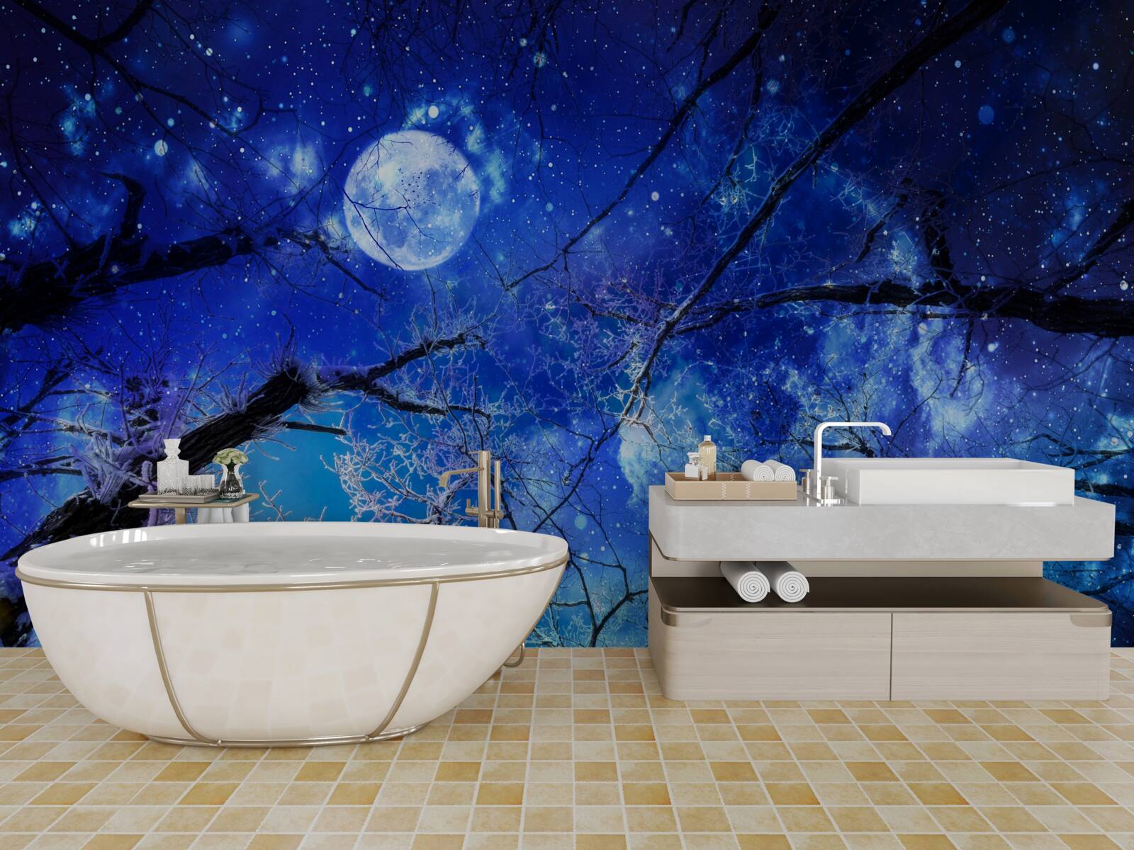 Fotobehang heldere nachtelijke hemel en maan