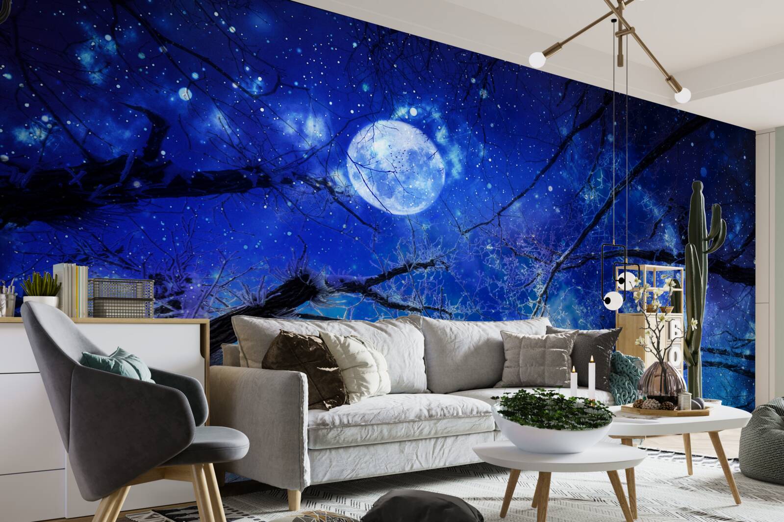 Fotobehang heldere nachtelijke hemel en maan