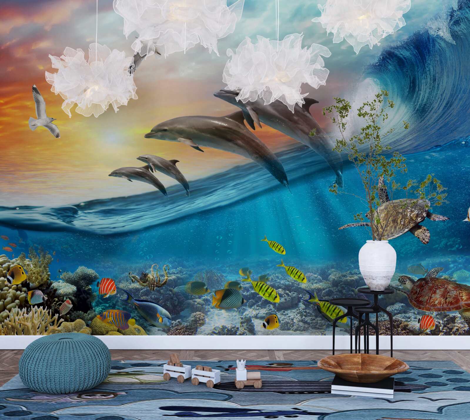 Fotobehang dolfijnen springen uit de golven