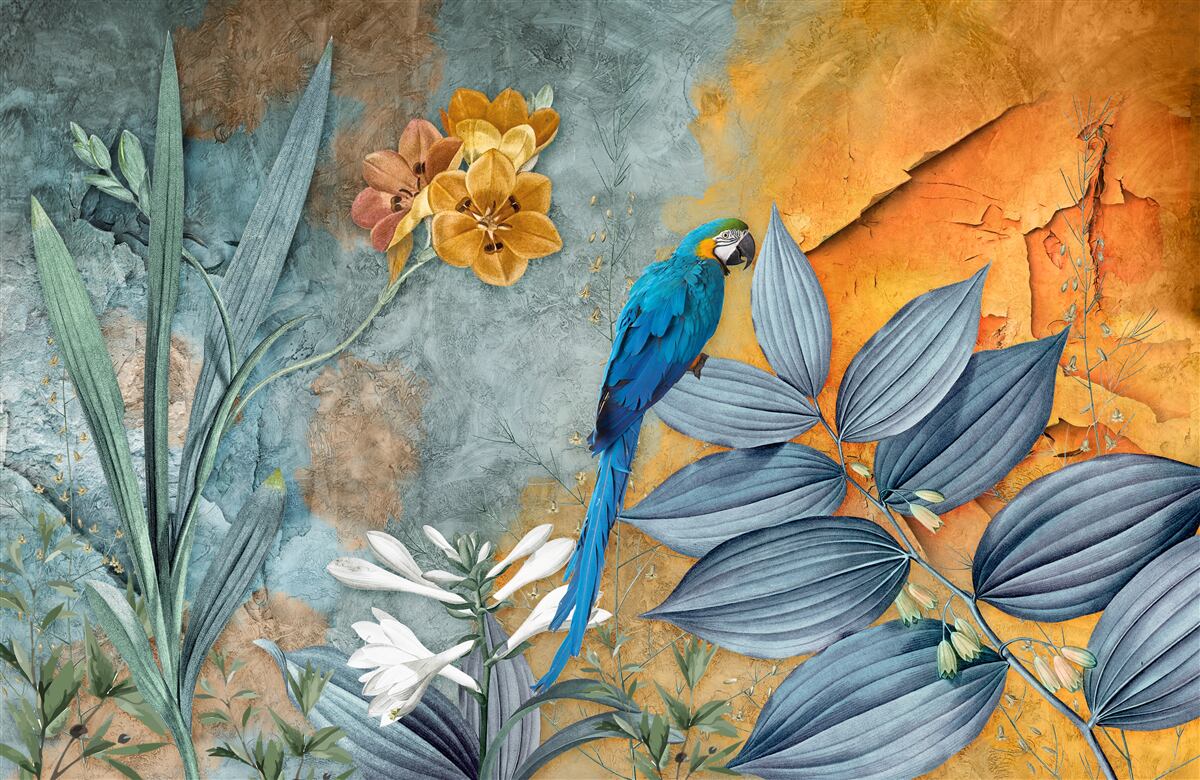 Fotobehang abstract schilderij van een papegaai tussen bladeren