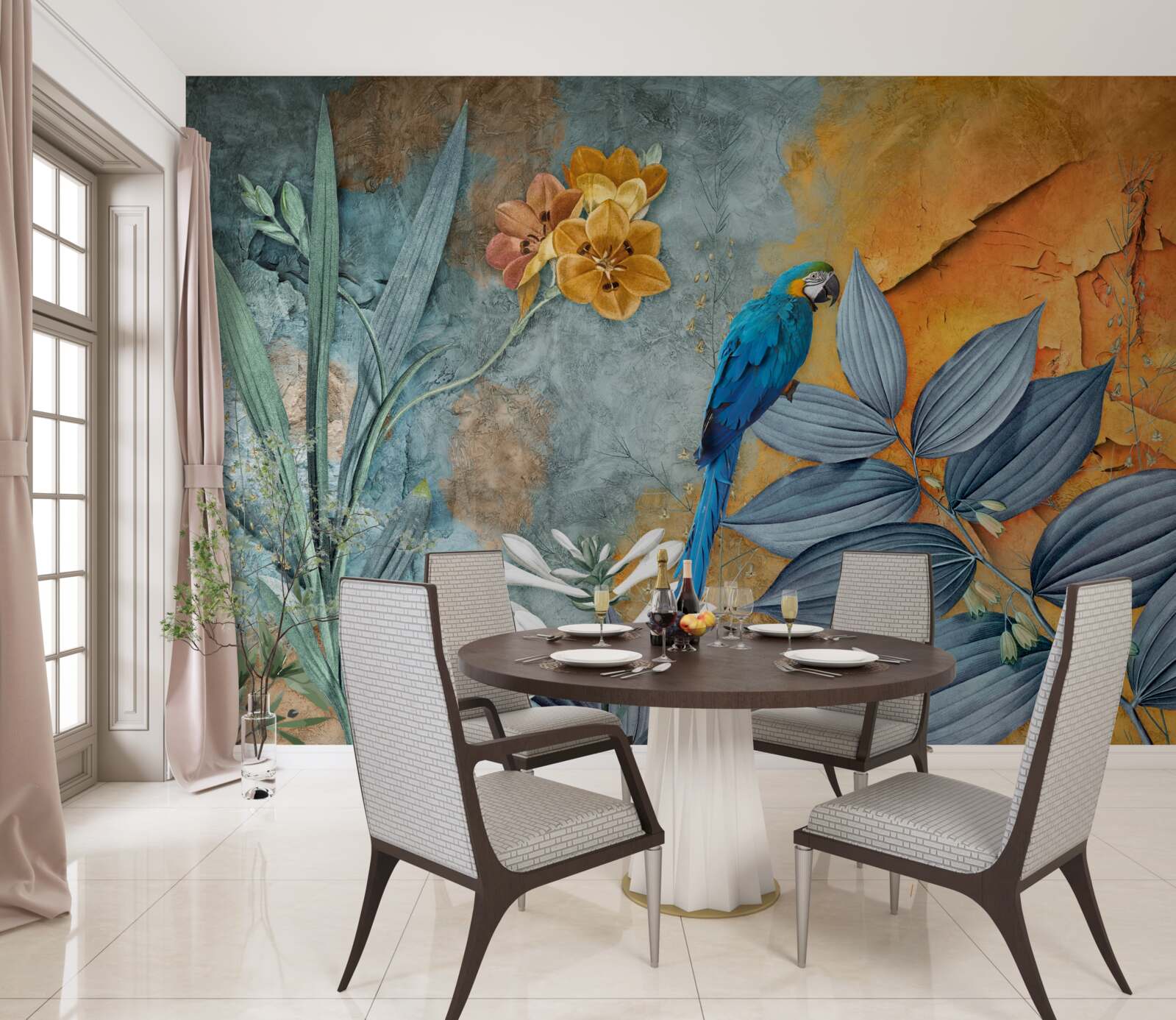 Fotobehang abstract schilderij van een papegaai tussen bladeren