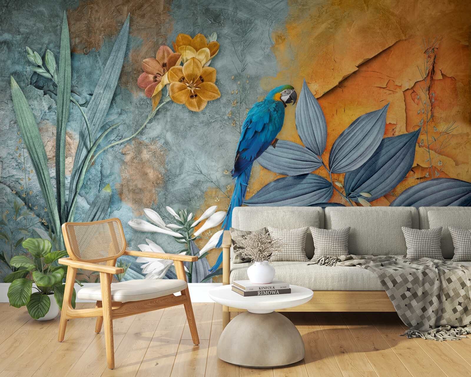 Fotobehang abstract schilderij van een papegaai tussen bladeren