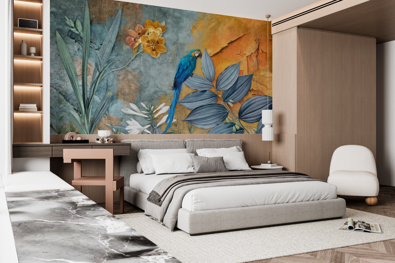 Fotobehang abstract schilderij van een papegaai tussen bladeren