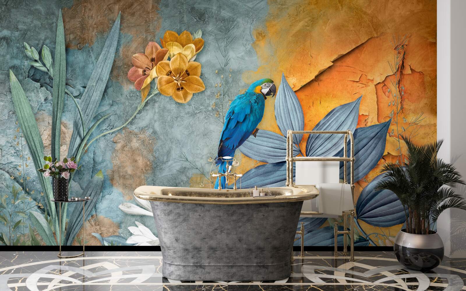 Fotobehang abstract schilderij van een papegaai tussen bladeren