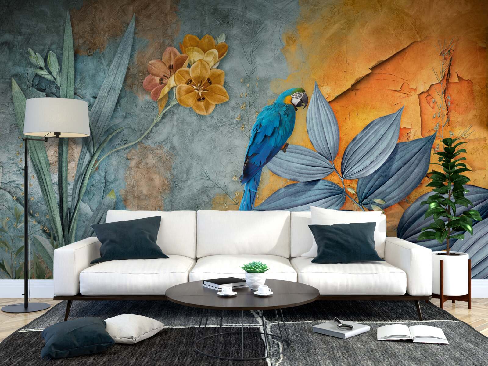 Fotobehang abstract schilderij van een papegaai tussen bladeren