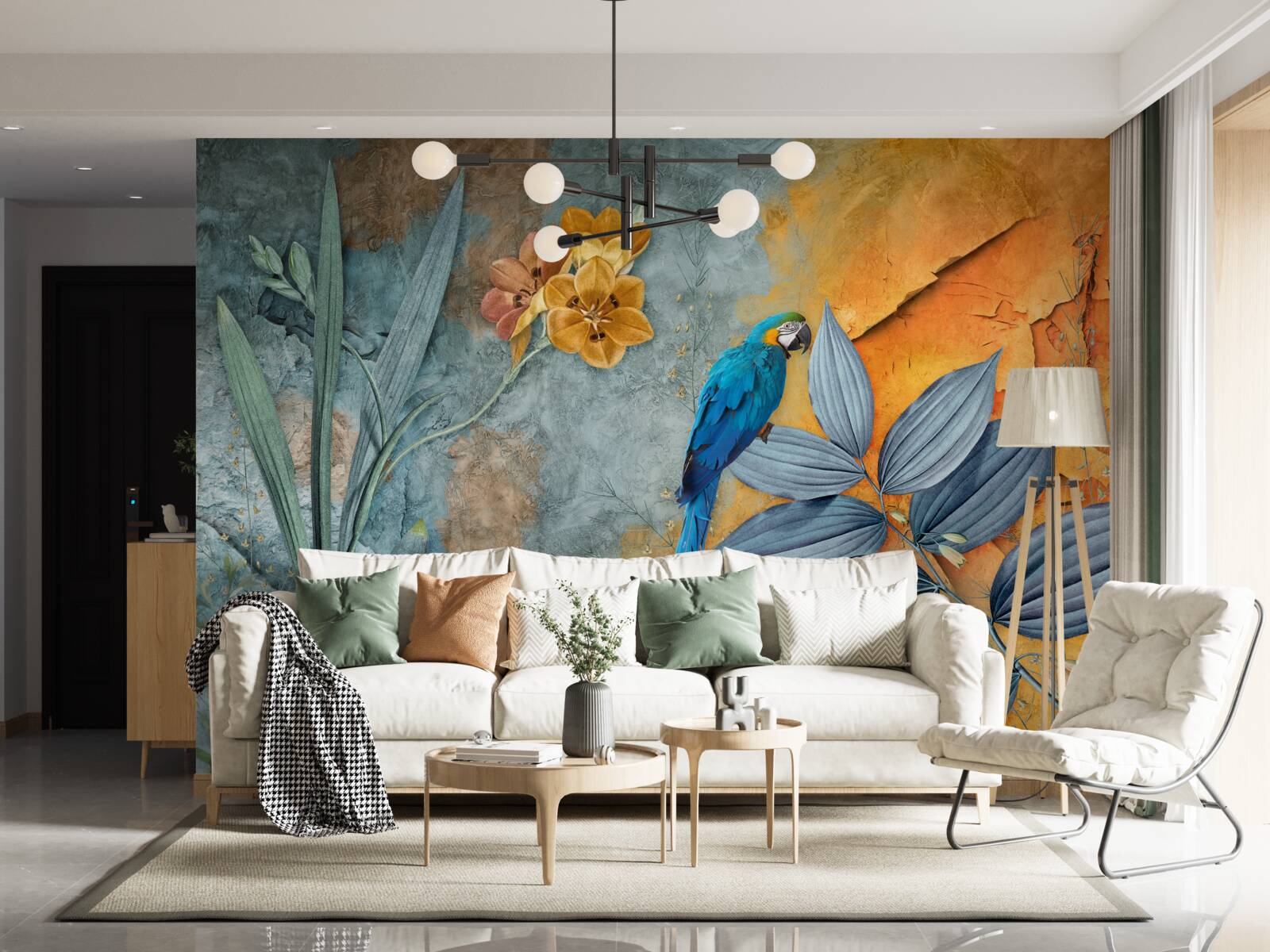 Fotobehang abstract schilderij van een papegaai tussen bladeren