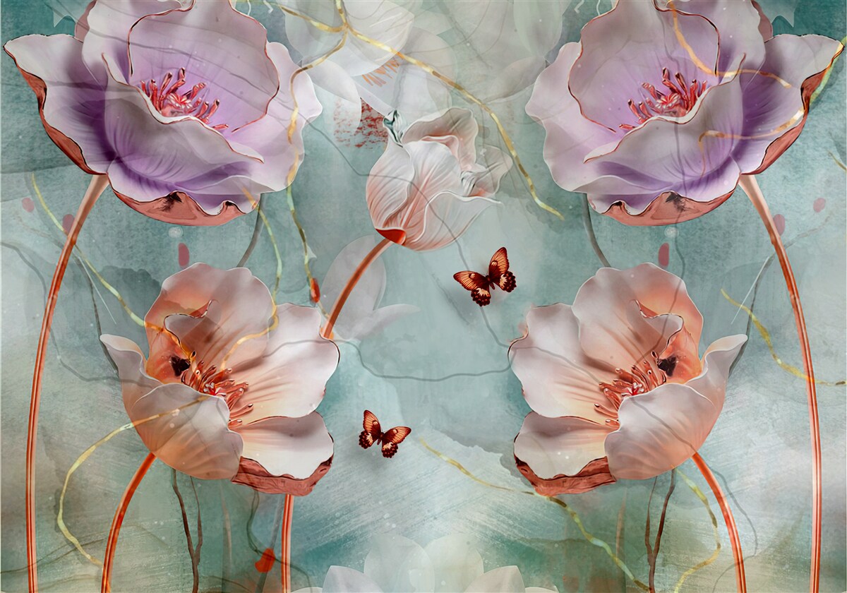 Fotobehang diverse klaprozen met fladderende vlinders