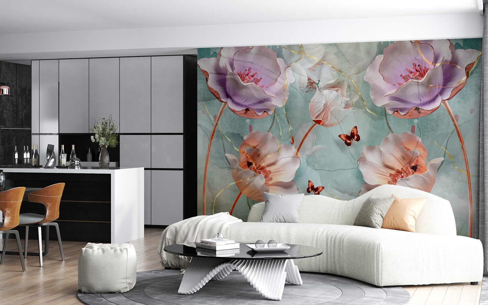 Fotobehang diverse klaprozen met fladderende vlinders