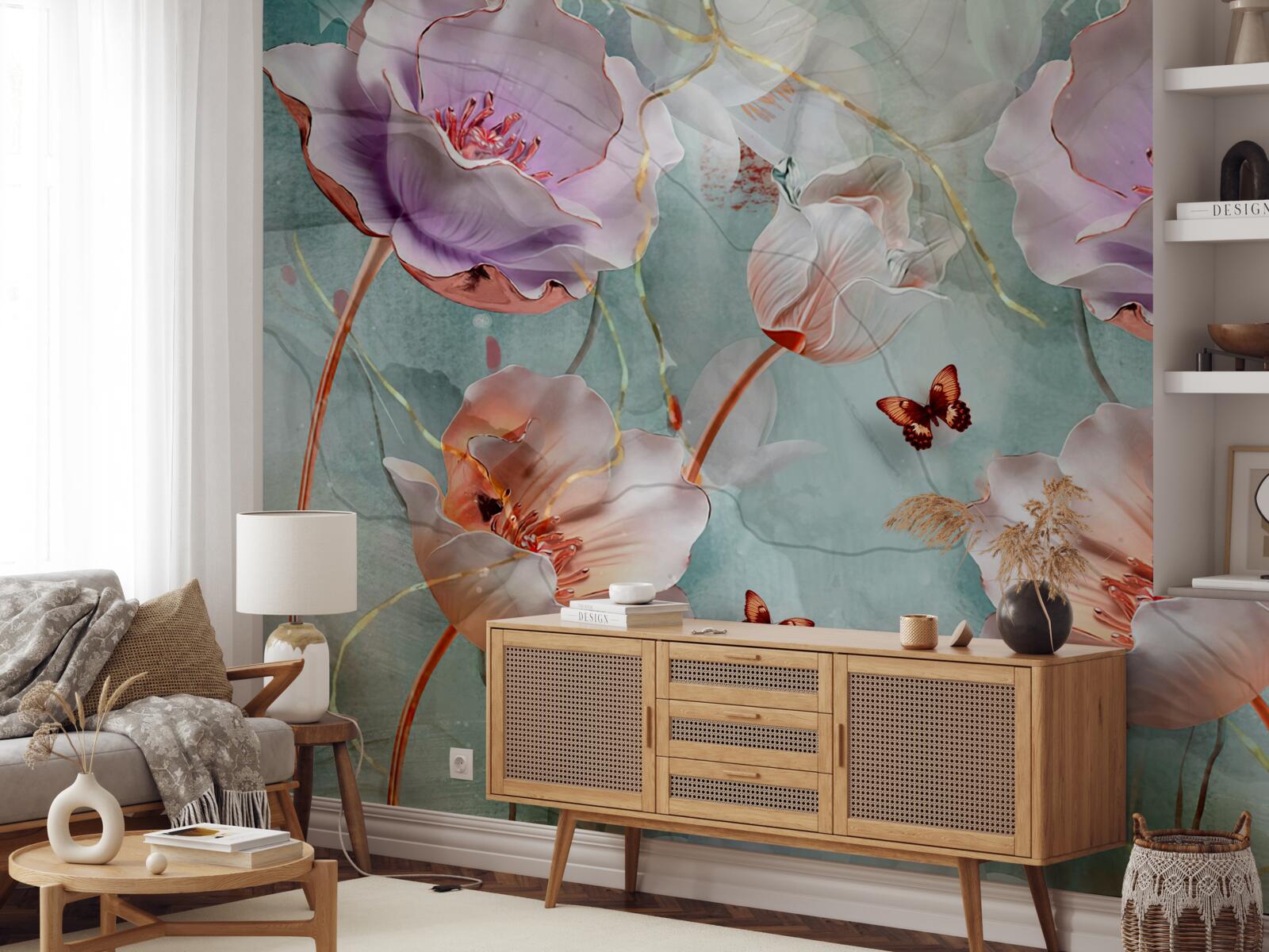 Fotobehang diverse klaprozen met fladderende vlinders