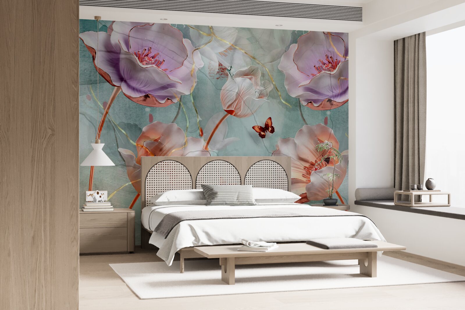 Fotobehang diverse klaprozen met fladderende vlinders