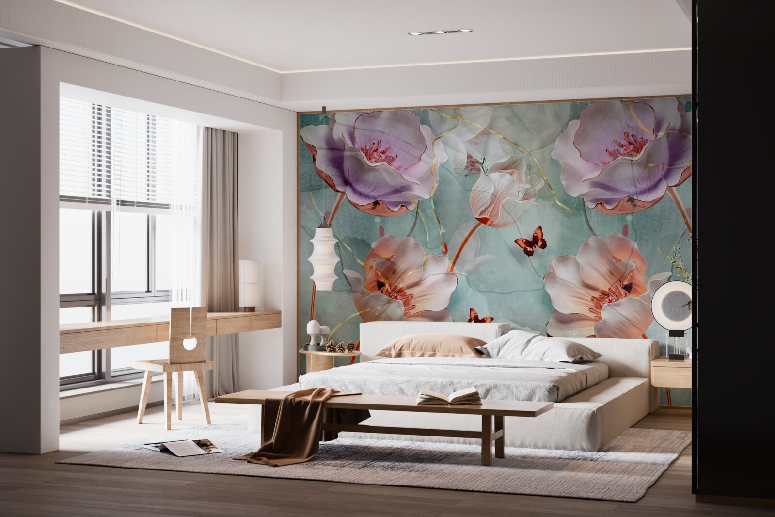 Fotobehang diverse klaprozen met fladderende vlinders