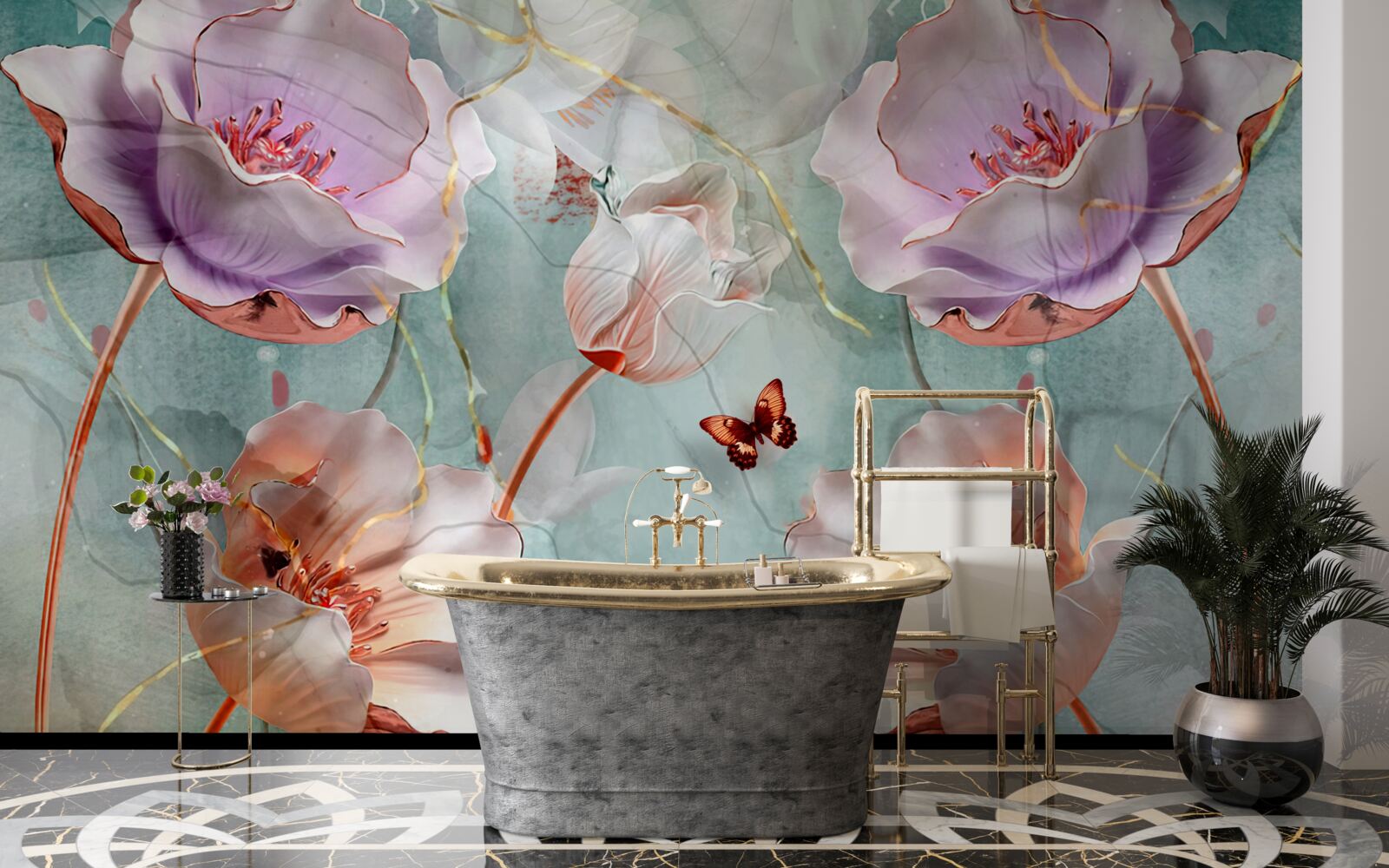 Fotobehang diverse klaprozen met fladderende vlinders