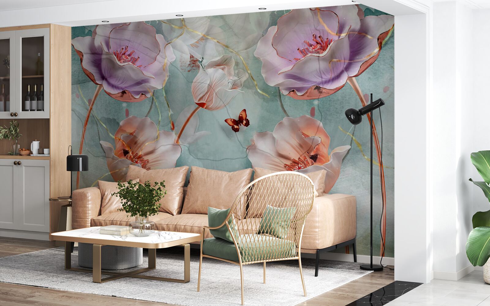 Fotobehang diverse klaprozen met fladderende vlinders