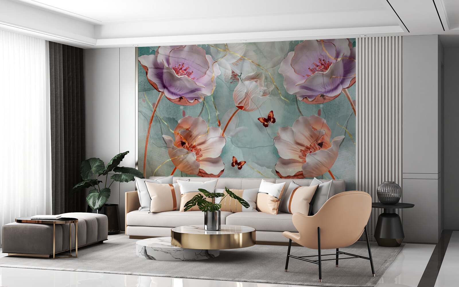 Fotobehang diverse klaprozen met fladderende vlinders