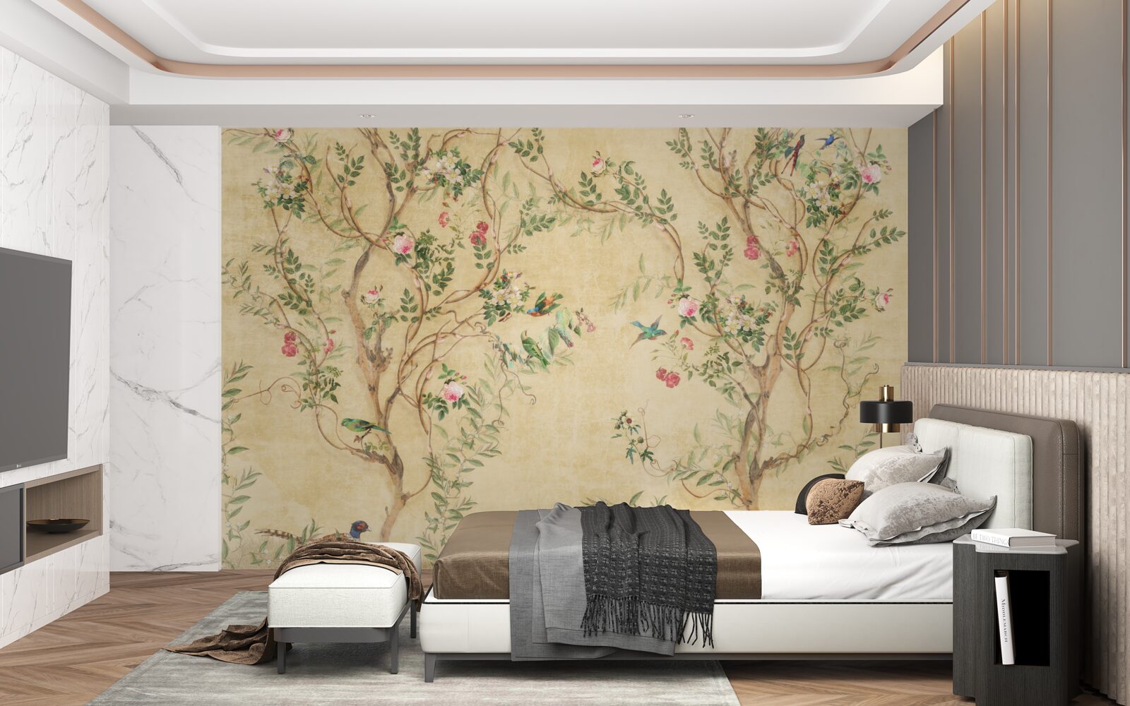 Fotobehang bomen en vogels in de lente