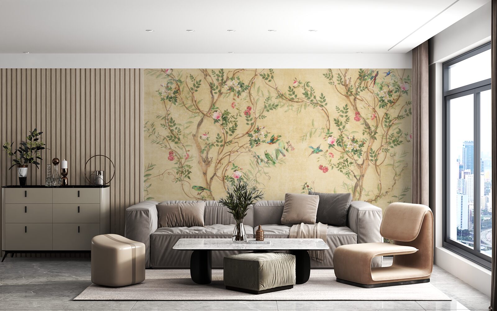 Fotobehang bomen en vogels in de lente