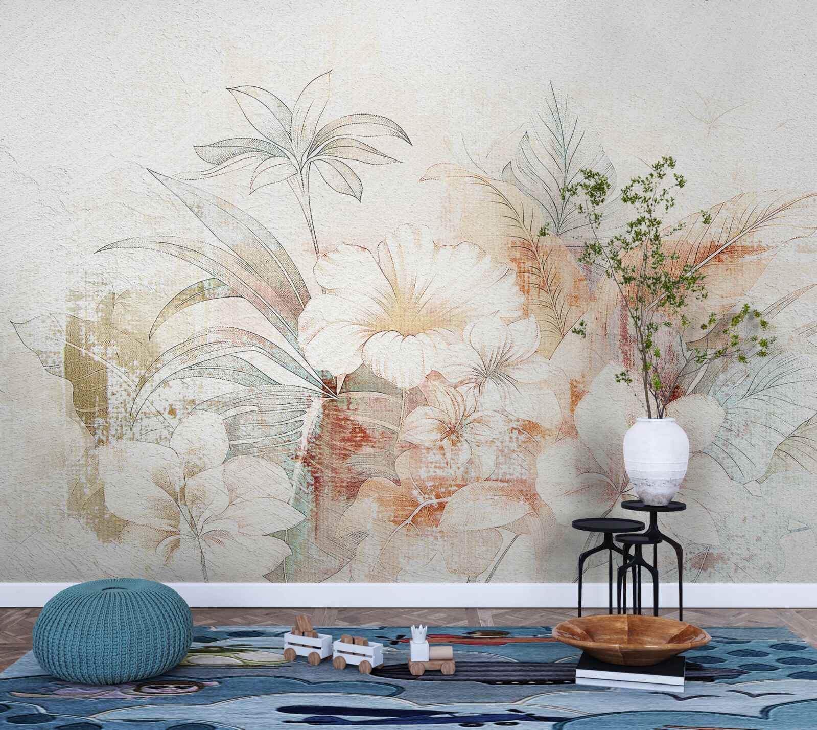 Fotobehang aquarel bloemen en bladeren