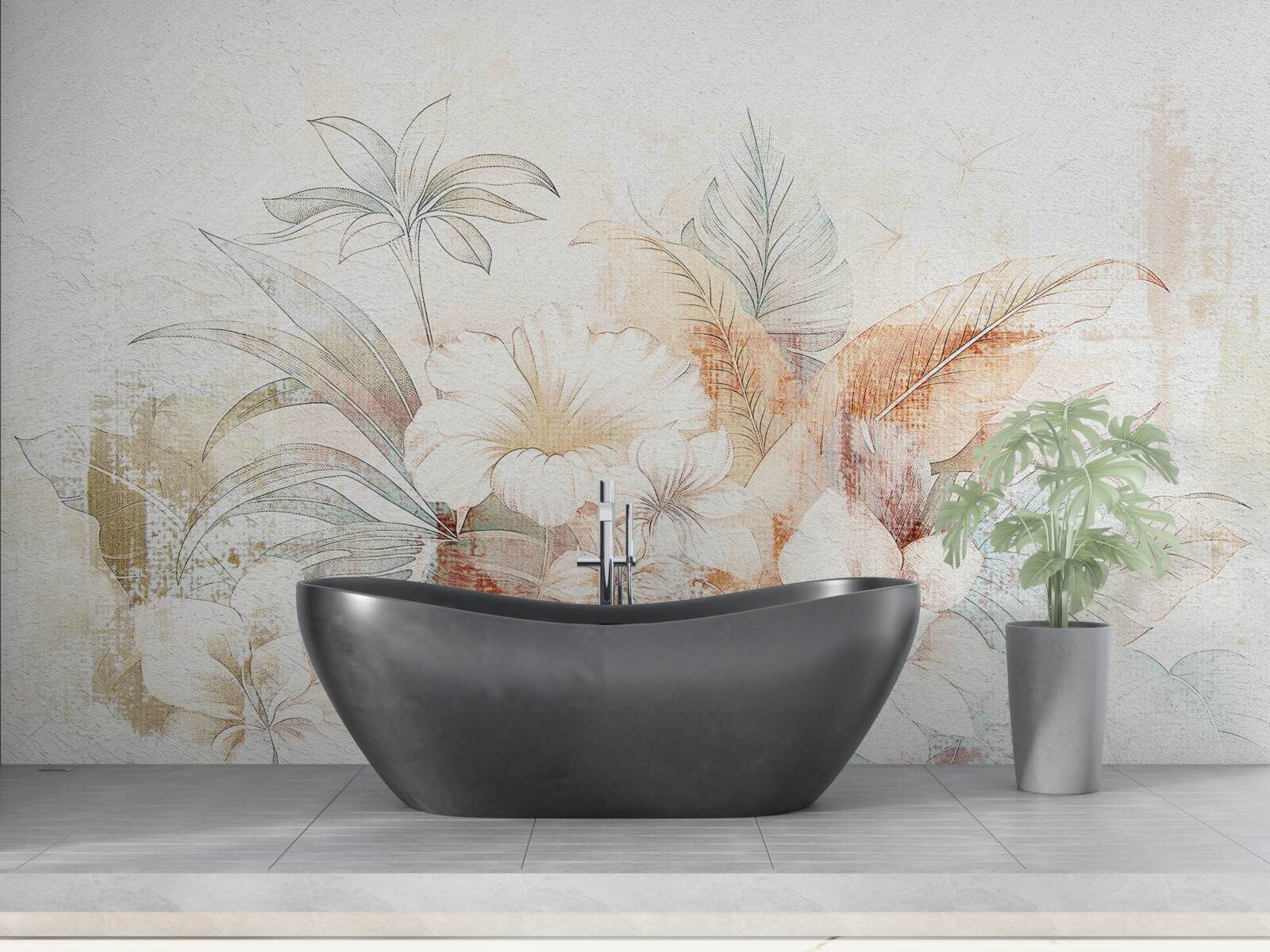 Fotobehang aquarel bloemen en bladeren