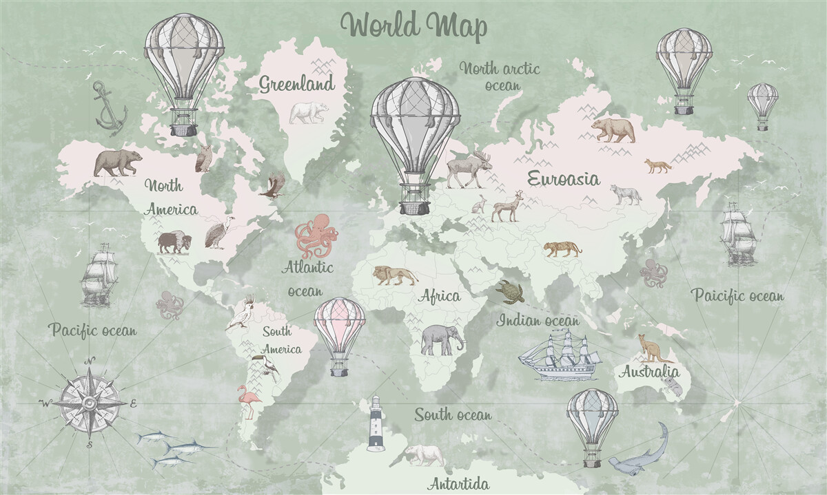 Fotobehang wereldkaart met gemarkeerde continenten